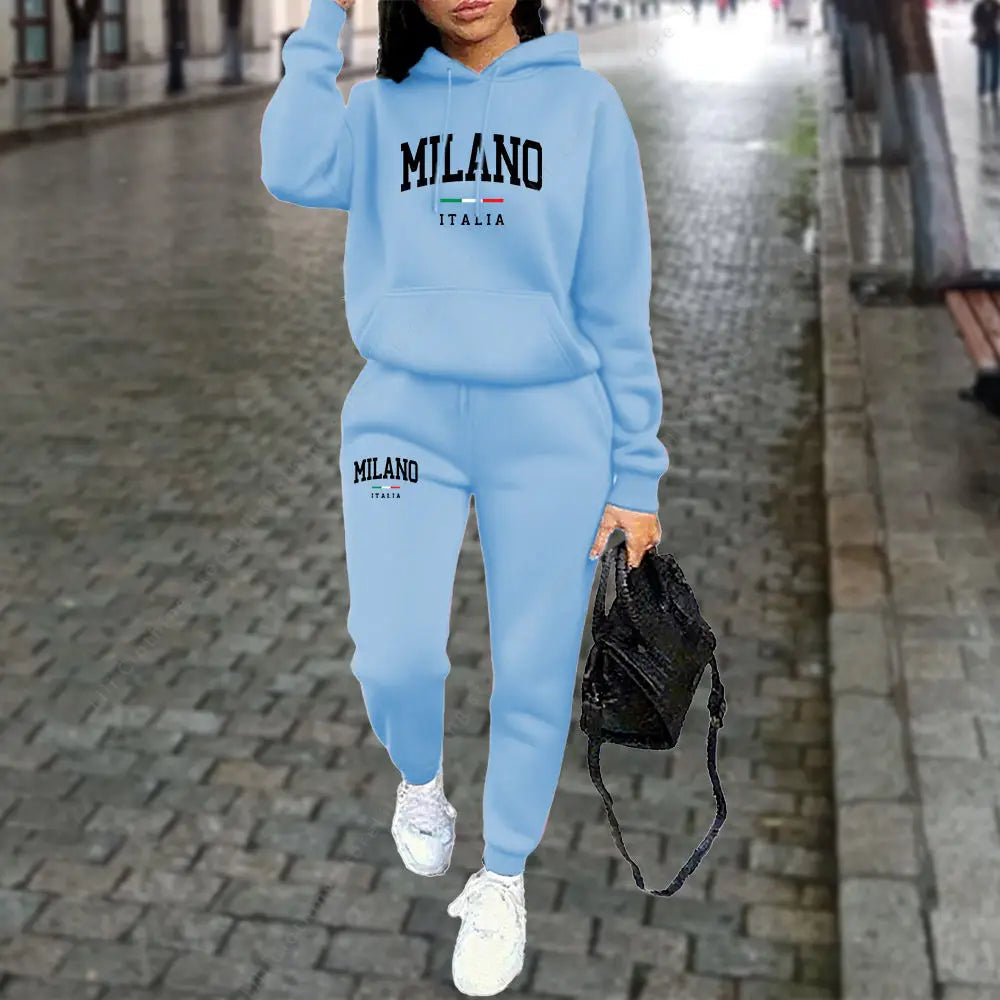 Autumn Winter Women's Sets 2pcs Hoodies Pants Suit Sports Outfits 2025 MILANO Letter Print Aesthetic Clothes Ladies Tracksuit Good Vibrations