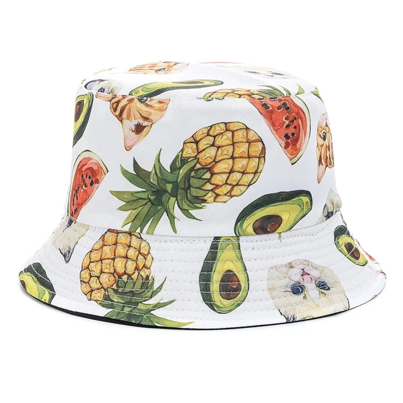 Hot Sale Unisex Bucket Hats Summer Double-sided Wear Fruit Printing Women Cap Outdoor Sun Hat Men Classic Panama Bucket Hat Good Vibrations