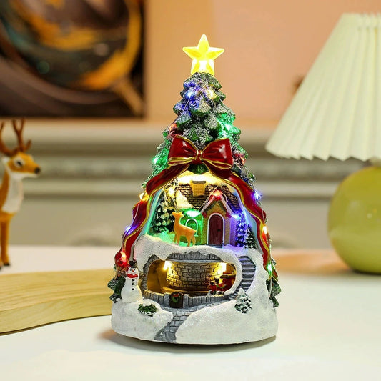 Christmas Tree Glowing House Music Ornament Adults Kids Rotating Train Winter Scene House for Home Table Office Holiday Decor Good Vibrations
