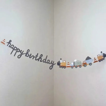 Building Construction Themed Happy Birthday Banner Party Decoration Tractor Excavator Flag Kids Boys Party Supplies Baby Shower Good Vibrations