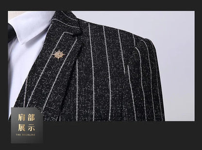 2025 Suit (suit + Vest + Trousers) Single Button Fashion Business Vertical Stripe Gentleman Suit Korean Suit Three-piece Suit Good Vibrations