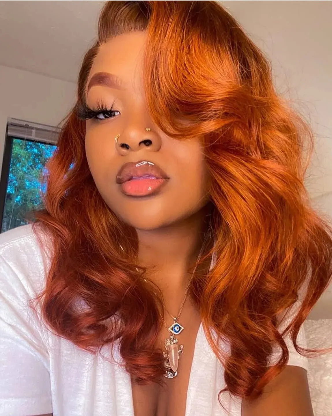 Ginger Orange 13*4 Lace Front Wigs Dark Orange Body Wave Synthetic Lace Front Wig for Women Pre Plucked Hairline Wig 14 Inch Good Vibrations