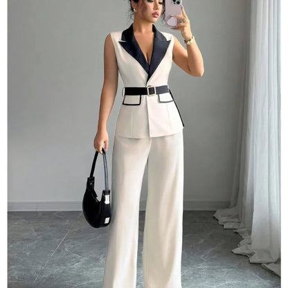 Women's Office Lady Ensemble Outfit Autumn Sleeveless Straight Leg Pants Set Classy Bandeau Elegant Style Top And Vest 2 Set Good Vibrations