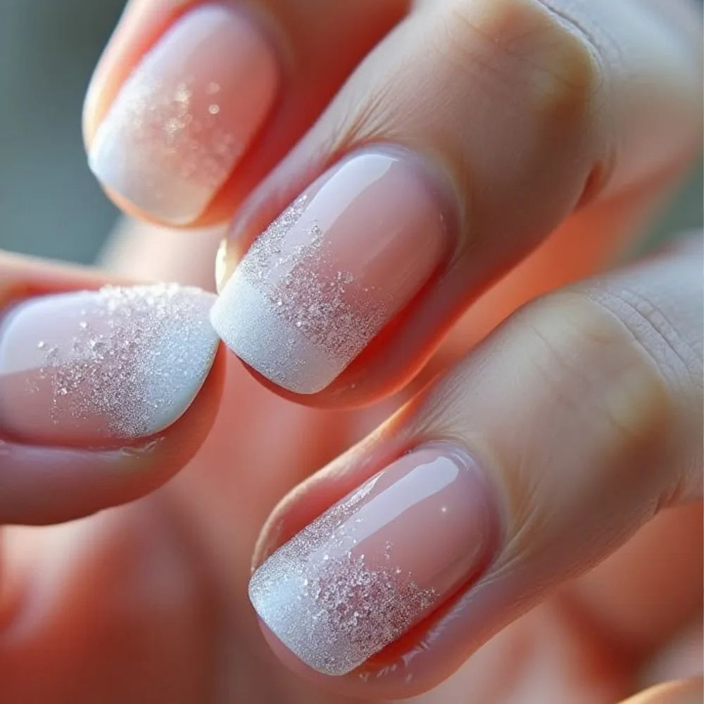 24Pcs Short Square Coffin False Nails Square Fake Nails with Glue French Glitter Wearable Acrylic Nails Set Press on Nail Tips Good Vibrations