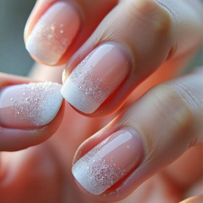 24Pcs Short Square Coffin False Nails Square Fake Nails with Glue French Glitter Wearable Acrylic Nails Set Press on Nail Tips Good Vibrations