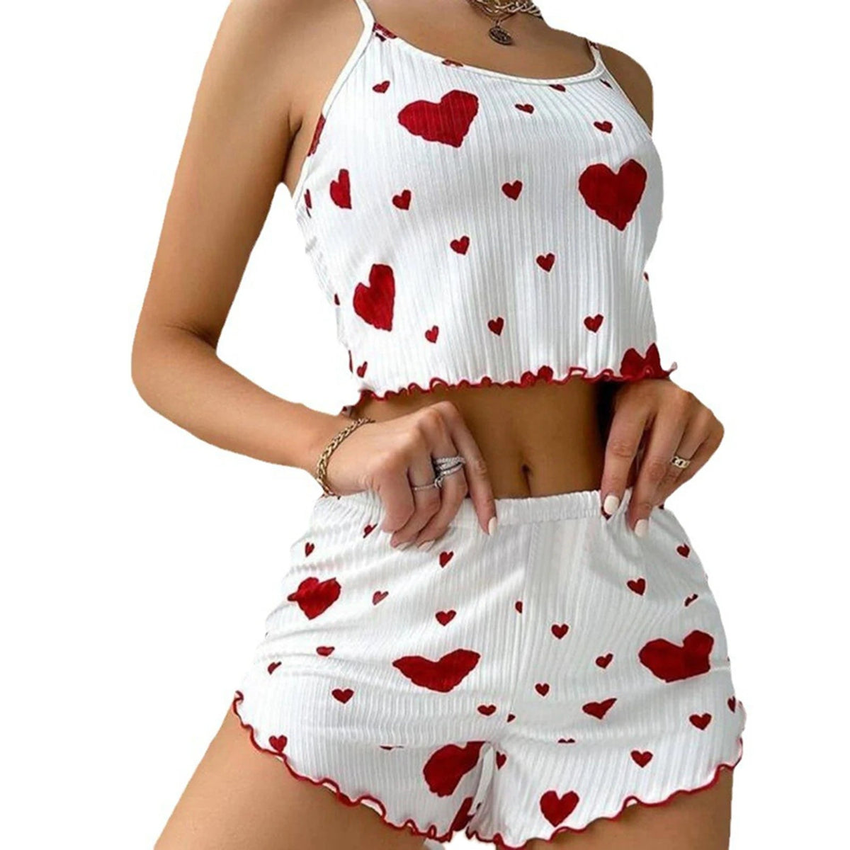 Women's Pajamas Set Sleepwear 2 PCS Short Tank Tops And Shorts S M L White Ventilate Soft Casual Love Printing Good Vibrations
