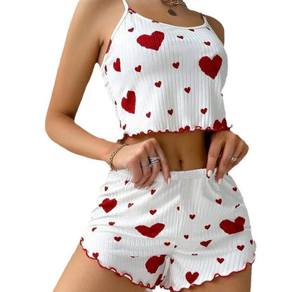 Women's Pajamas Set Sleepwear 2 PCS Short Tank Tops And Shorts S M L White Ventilate Soft Casual Love Printing Good Vibrations