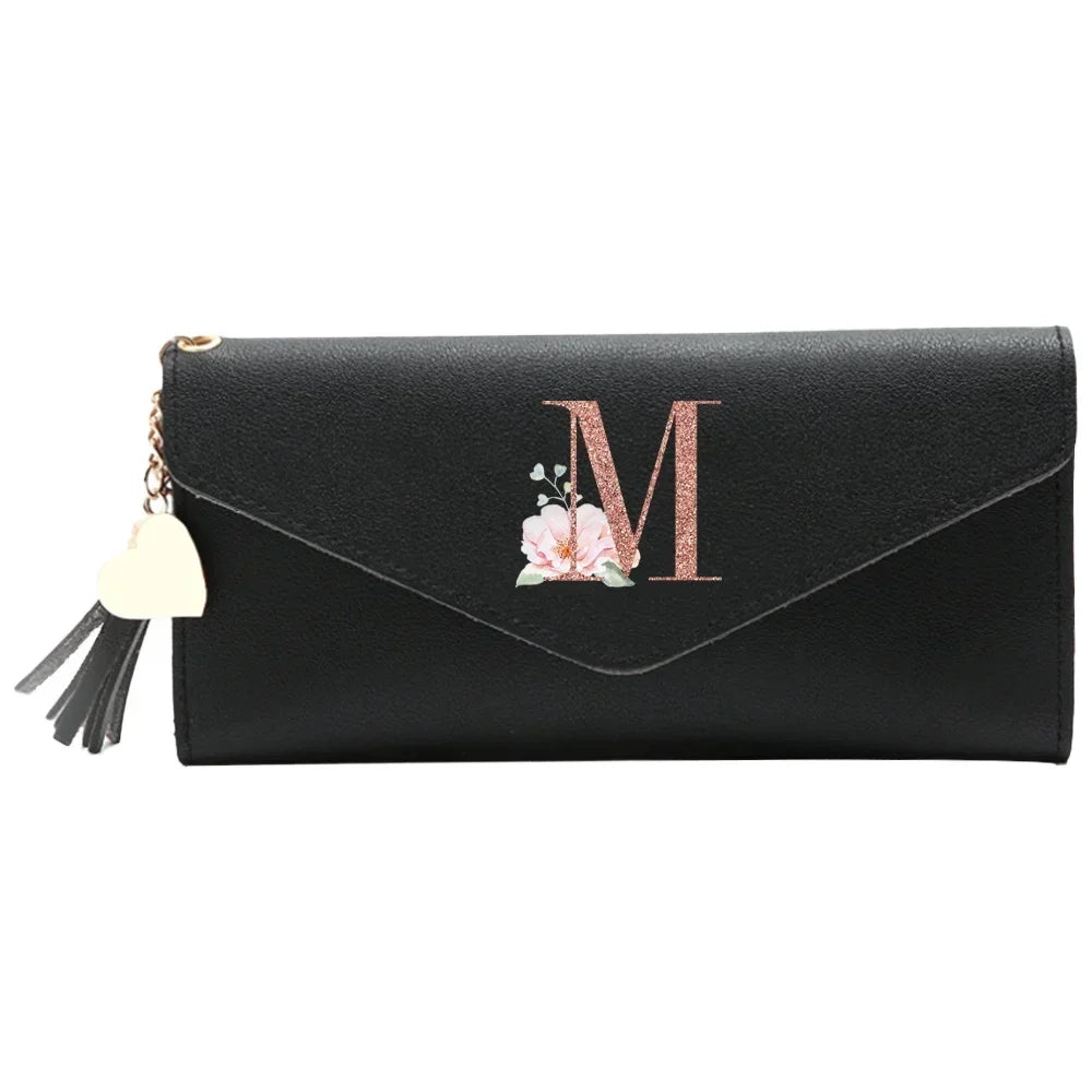 Wallet Black Small Leather Coin Purse Rfid Blocking Wallet Rose Gold Pattern Mini Purse with ID Window for Women Good Vibrations