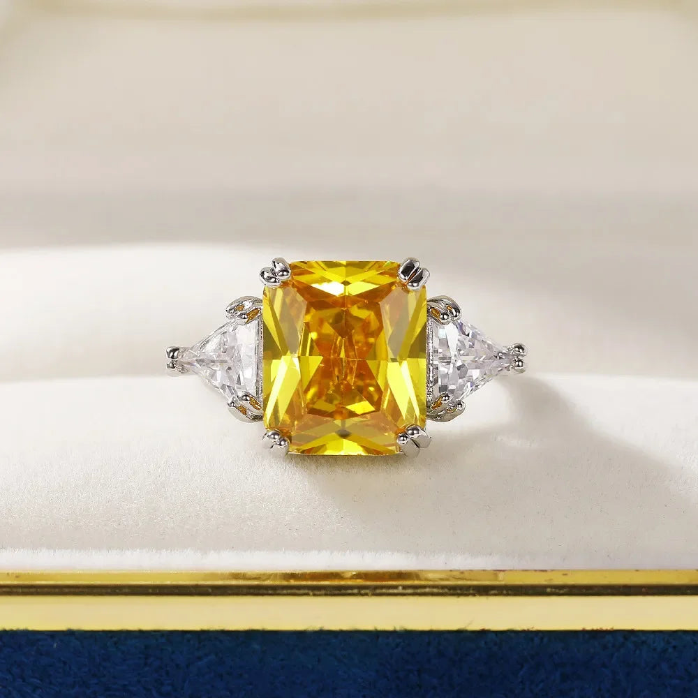 Huitan Geometric Shaped Yellow Cubic Zirconia Rings Silver Color Wedding Bands for Women Brilliant Accessories  Party Jewelry Good Vibrations