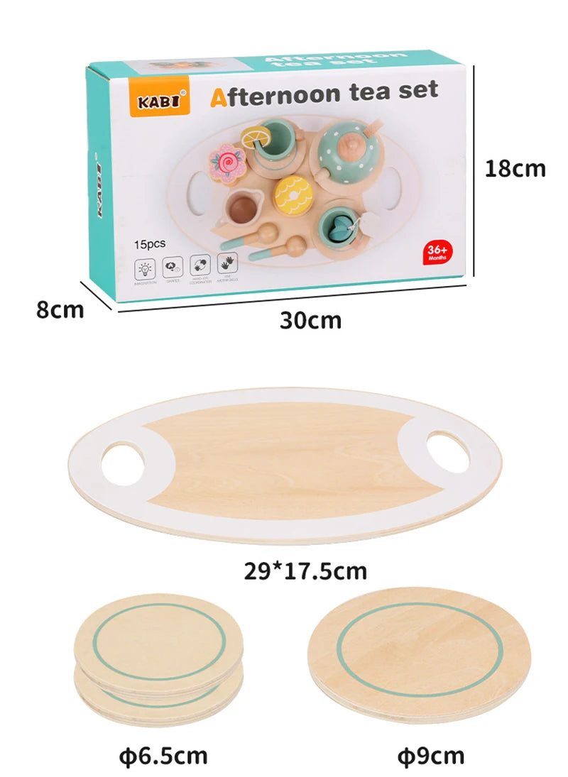 Wooden Afternoon Tea Set Toy Pretend Play Food Learning Role Play Game Early Educational Toys for Toddlers Girls Boys Kids Gifts Good Vibrations