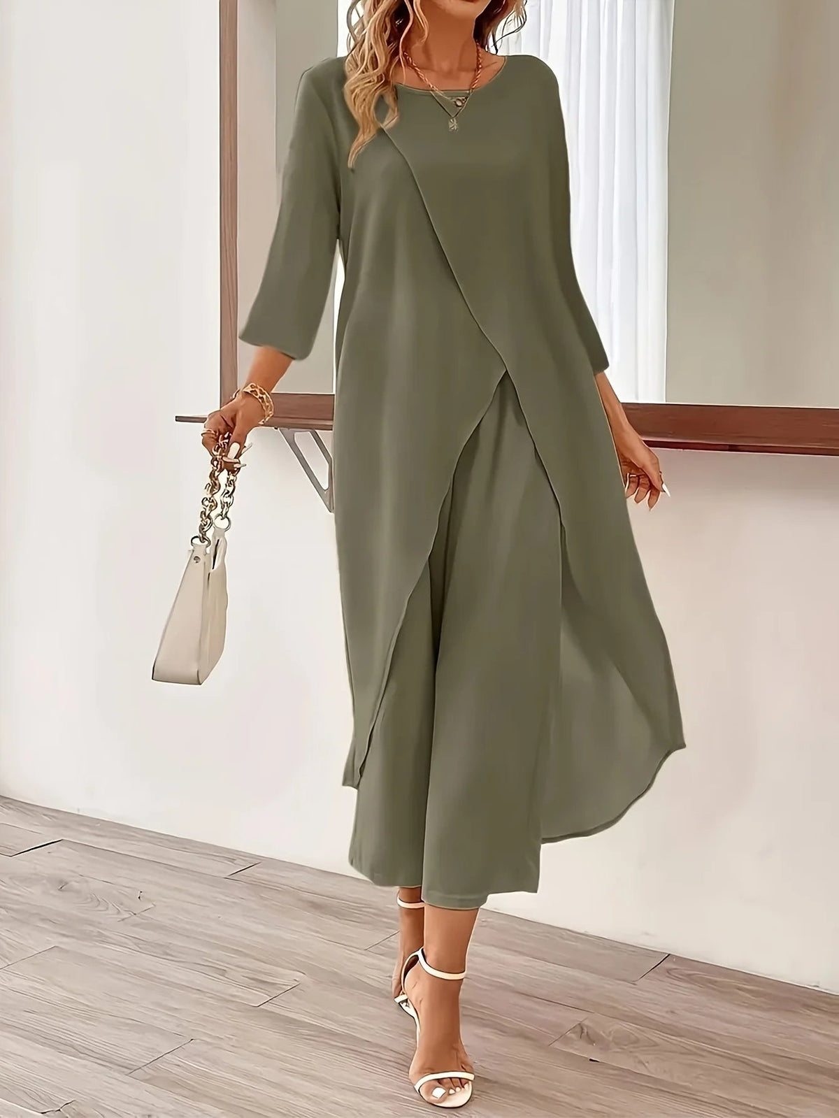 Women's Plus Size Solid Color Two-Piece Set, Casual Round Neck Long Sleeved Slit Top and Solid Color Wide Leg Pants Set Good Vibrations