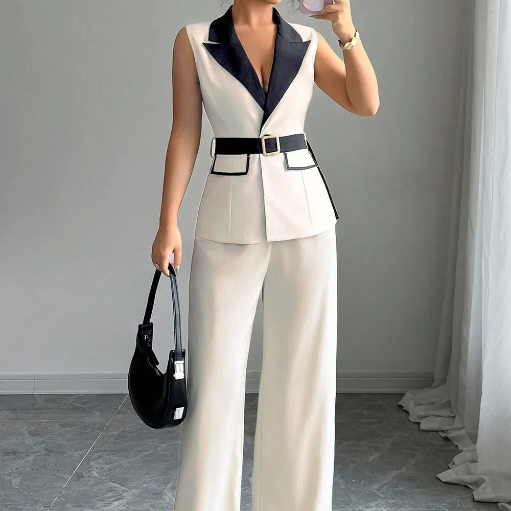 Women's Office Lady Ensemble Outfit Autumn Sleeveless Straight Leg Pants Set Classy Bandeau Elegant Style Top And Vest 2 Set Good Vibrations
