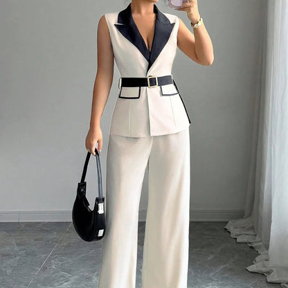 Women's Office Lady Ensemble Outfit Autumn Sleeveless Straight Leg Pants Set Classy Bandeau Elegant Style Top And Vest 2 Set Good Vibrations