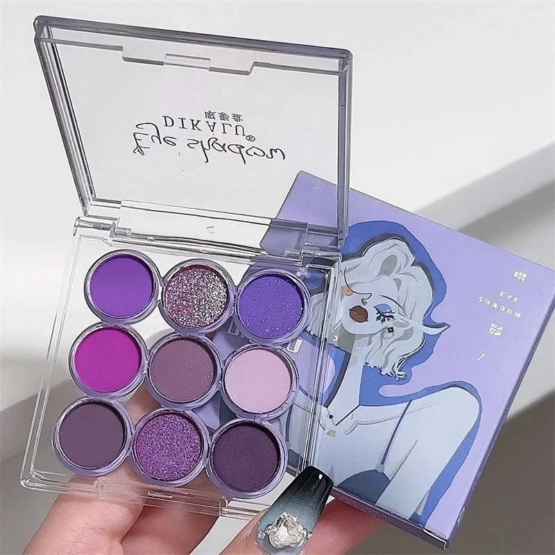 9Colors Glitter Eyeshadow Palette Smoke Purple Lace Shimmer Pearlescent Matte Acrylic Eye Shadows Palette Waterproof Eye Make Up Good Vibrations