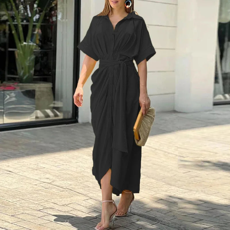 Elegant Dresses For Lady Vestidos 2026 Woman Dress Vestido Commuting Temperament Printed Irregular Leace-up Lapel Slim Contrast Good Vibrations