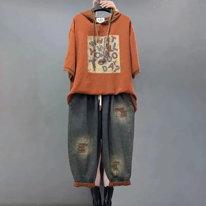 Jeans Set Women Denim Pants Two Piece Set 2025 New Loose Plus size Casual Suit Female Fashion Hooded Printed Jeans Sets Good Vibrations