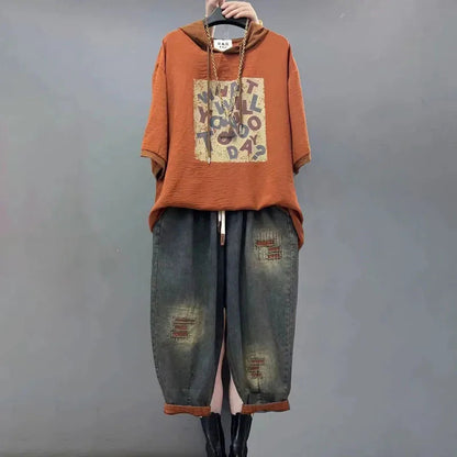 Jeans Set Women Denim Pants Two Piece Set 2025 New Loose Plus size Casual Suit Female Fashion Hooded Printed Jeans Sets Good Vibrations
