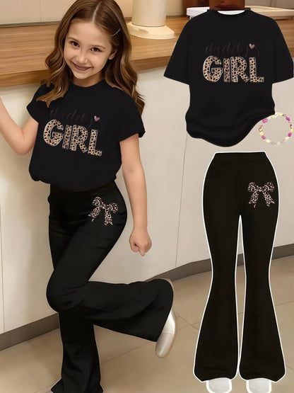 Children's Clothing Girls' Outfit Leopard Print Bow Pattern Printed 2-Piece Set Casual Sports Short-Sleeve Top and Flared Pants Set Suitable for Girls Aged 4-11 for Home, Outing, and School Versatile Wear Good Vibrations