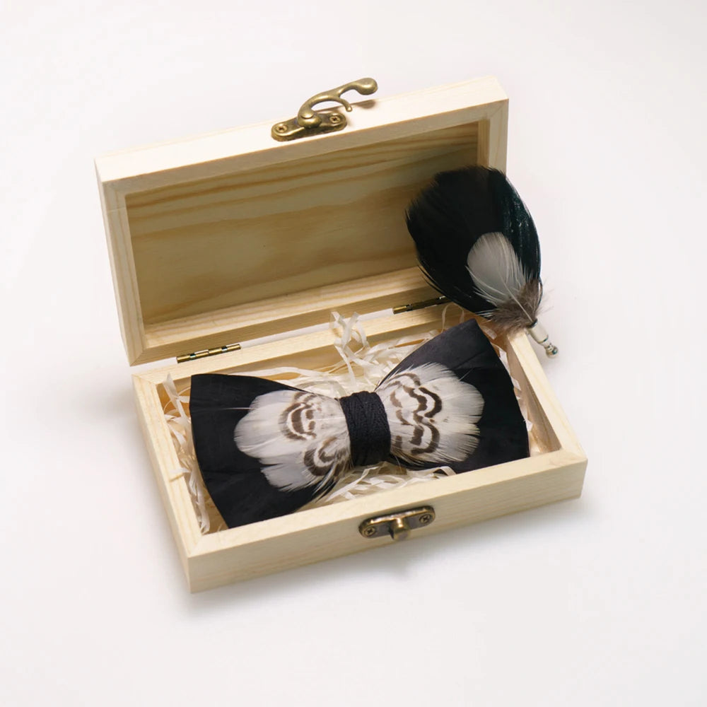 Wedding Bow Tie for Men handmade feather bow tie black white Pre-tied bowtie  brooch wooden box Set for Party birthday Gift Good Vibrations