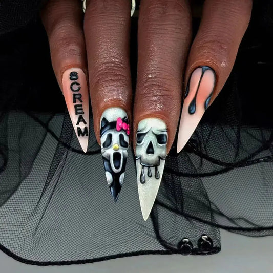 24pcs Long Sharp Halloween Series Horror Ghost Matte Fake Nails Horror Theme Fingernails for Halloween Party Good Vibrations