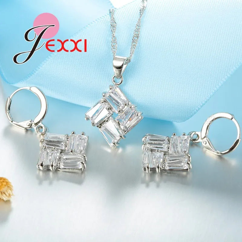 Charm Crystal Women Bridal Wedding Jewelry Sets 925 Sterling Silver Pendant Necklaces Earrings Sets Bijoux Femme Good Vibrations