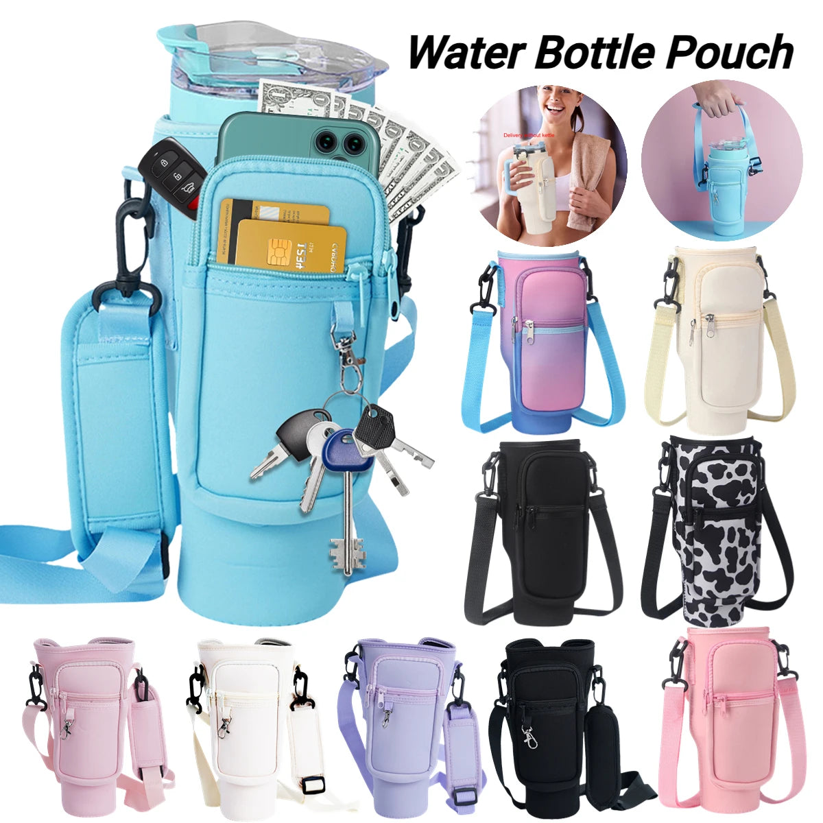 Portable Water Bottle Carrier Bag with Phone Pocket for Stanley 40oz Tumbler with Handle Neoprene Water Bottle Holder Pouch Good Vibrations