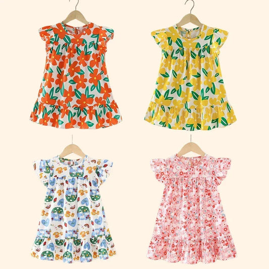 Girl Dresses100% Cotton Children's Clothing Summer Kids Clothes Girls Party Princess Fashion Outfit Flower Pattern Beach Dresses Good Vibrations