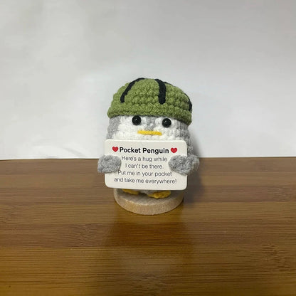 Crochet Energy Penguin Hug Pocket Mini Hand-woven Plush Wool Knitting Doll with Card Funny Christams Gift Home Room Decoration Good Vibrations