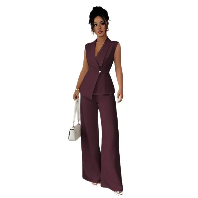 Women's Elegant 2 Piece Outfit Sleeveless V-Neck Single Button Blazer Vest and Wide Leg Pants Set Business Office Workwear Sui Good Vibrations