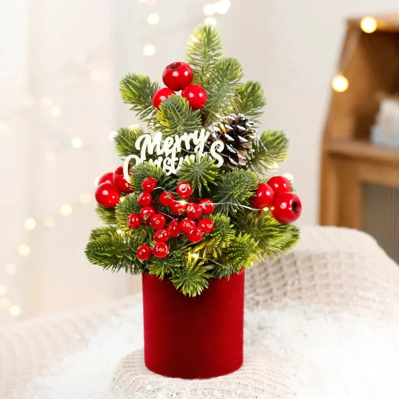 Hot Sale European Style Mini Christmas Tree Decorations Handmade Red Fruit LED Pine Desktop Mini Home Decorations for Christmas Good Vibrations