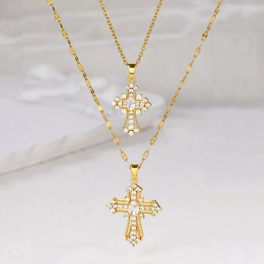 Women's European & American Retro Cross Pendant Necklace Stainless Steel Collarbone Chain Fashionable Light Luxury Jewelry Good Vibrations