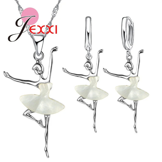 White Dancing Ballet Girls Jewelry Set 925 Sterling Silver Color Pendant Necklace/Earring Sets for Women Wedding Gifts