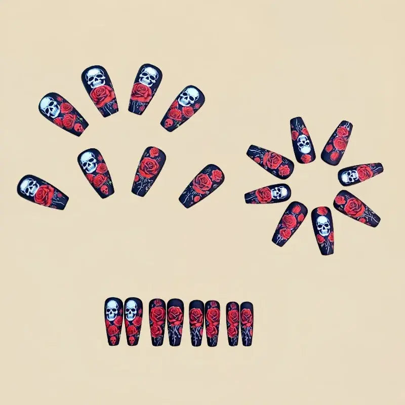 24 Halloween Nail Art Medium-Length Ballet Nails Press Ons with Design Red Rose Skullpcs False Nails for Girls Paste Nails 2025 Good Vibrations