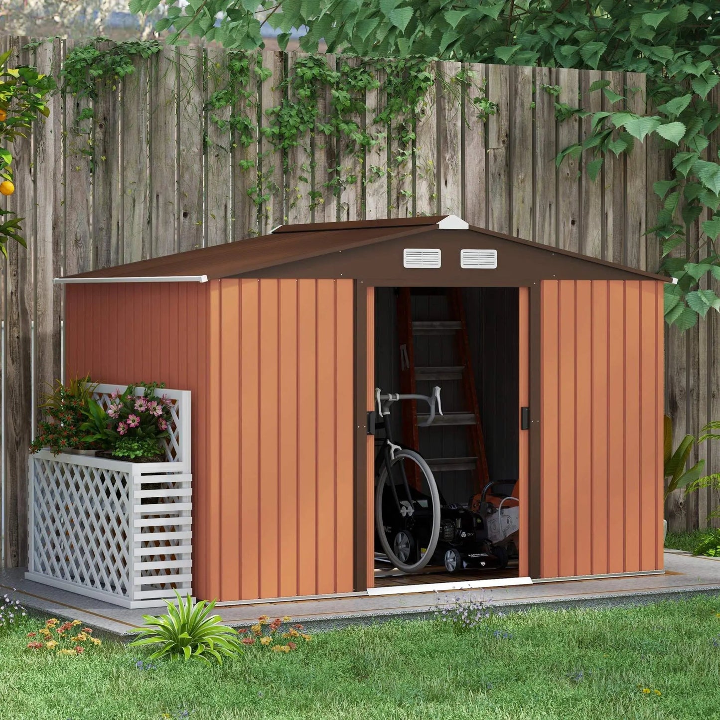 9' x 6' Metal Storage Shed Garden Tool House with Double Sliding Doors, 4 Air Vents for Backyard, Patio & Lawn, Brown Good Vibrations