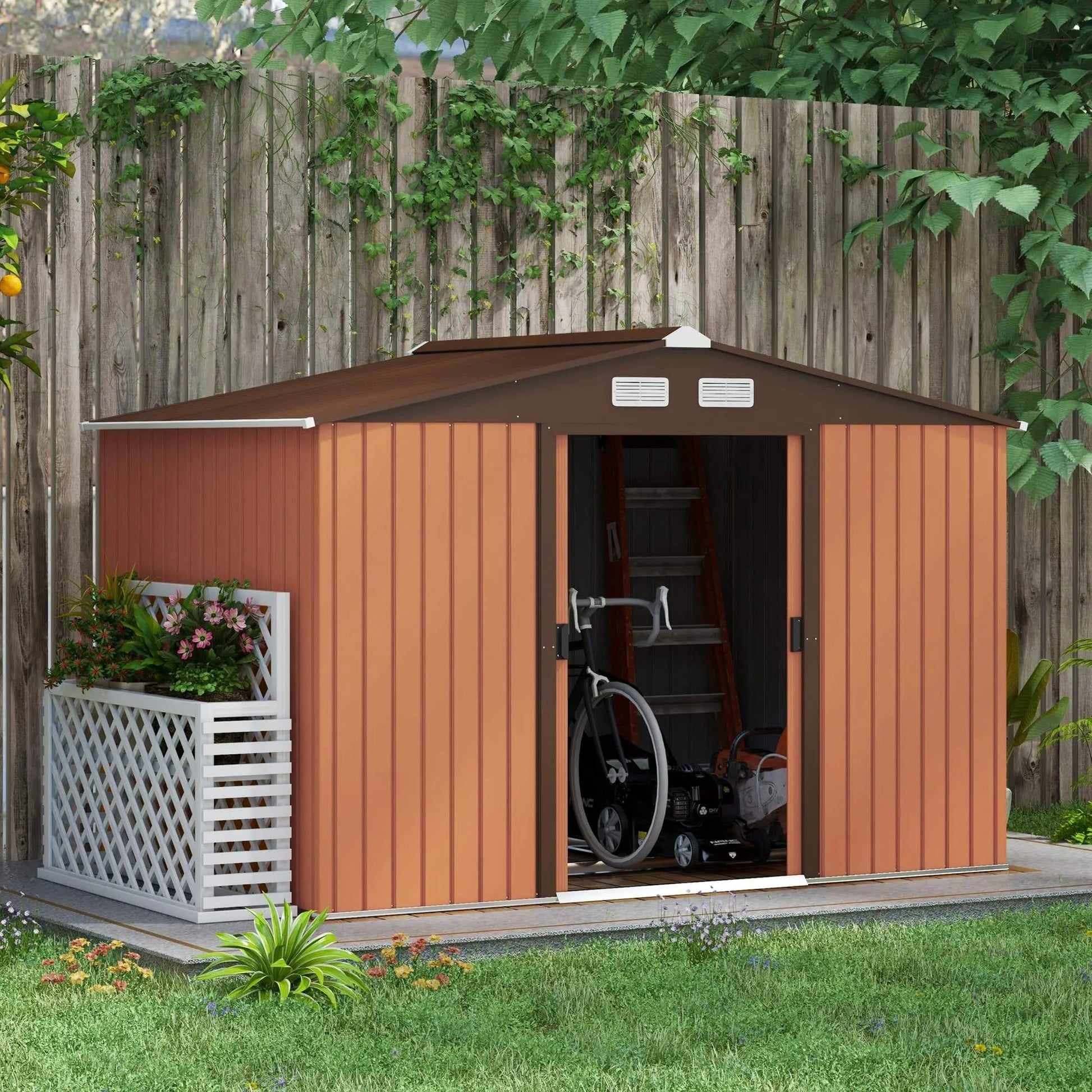 9' x 6' Metal Storage Shed Garden Tool House with Double Sliding Doors, 4 Air Vents for Backyard, Patio & Lawn, Brown Good Vibrations