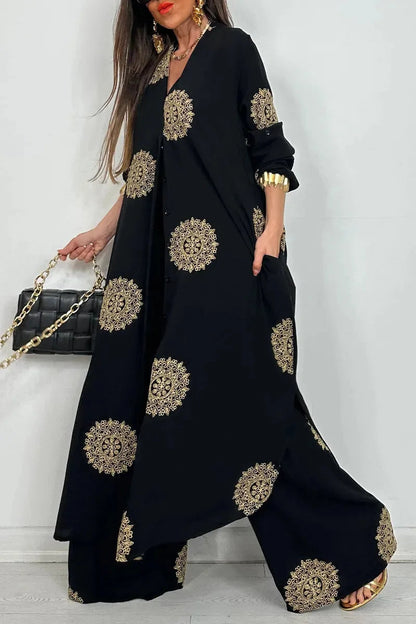 Robe Outfit Vintage Bohemia Loose Long Printed Robe Set Casual Button Shirt Blouses Wide Legs Pants Oversized Two-piece Outfit Good Vibrations