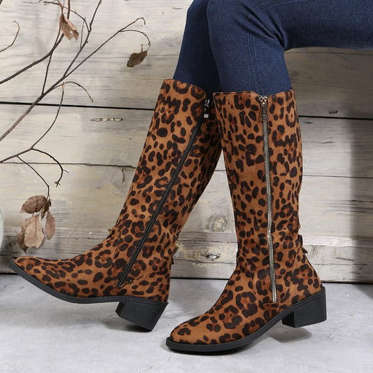 Brown Leopard High Boots Women Boots Platform Shoes for Women  Autumn Winter Sexy Mid-calf Cowboy Riding Boots Botas Mujer 2024 Good Vibrations