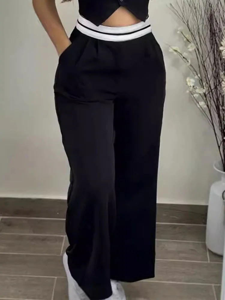 Women's Sexy Black 2 Piece Sets Fashion Hot Girls Wear Contrasting Color V-neck Waistcoat  Wide-leg Trousers Casual Suits Women Good Vibrations