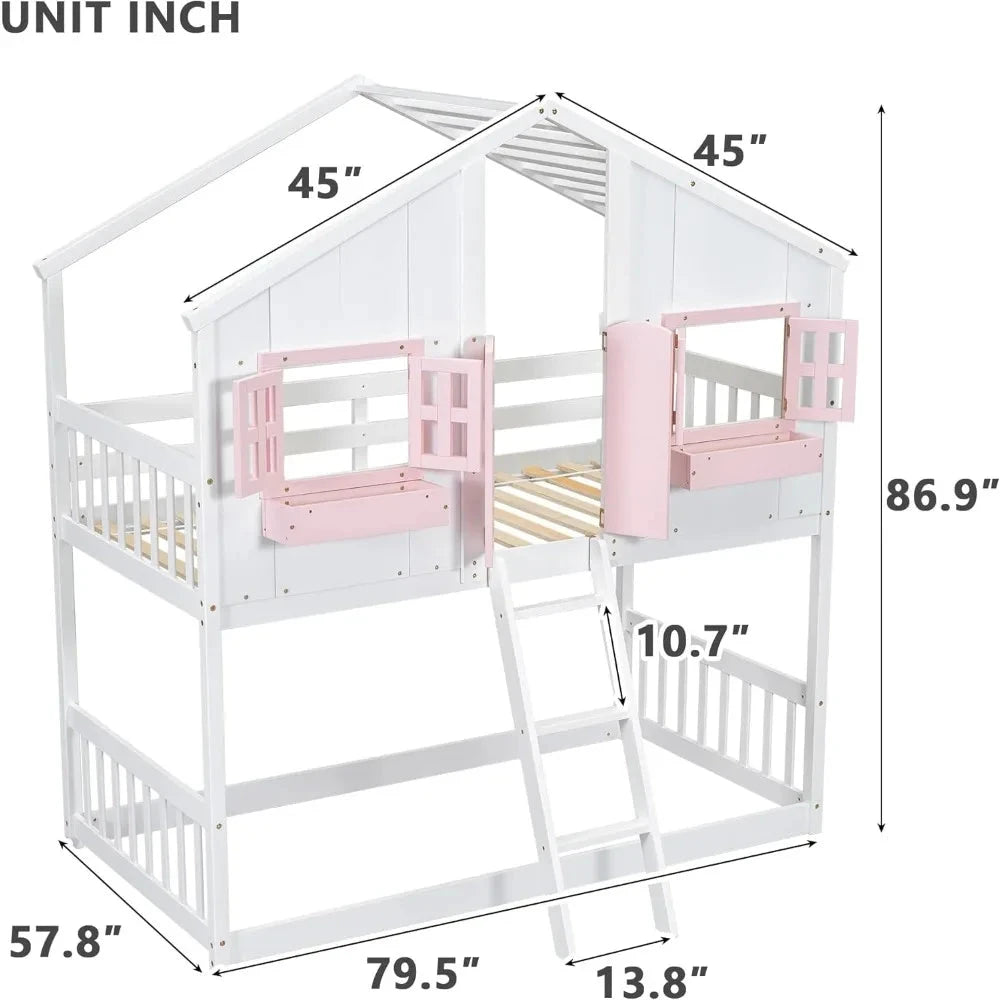 Floor House Bunk Bed with Roof and Window,Built-in Storage Box,Wooden Guardrails with Door/Ladder,Low Bunker Bed Twin Over Twin Good Vibrations