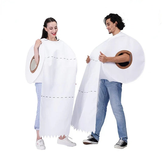 Couple wearing funny cosplay rolling paper costumes for Halloween party