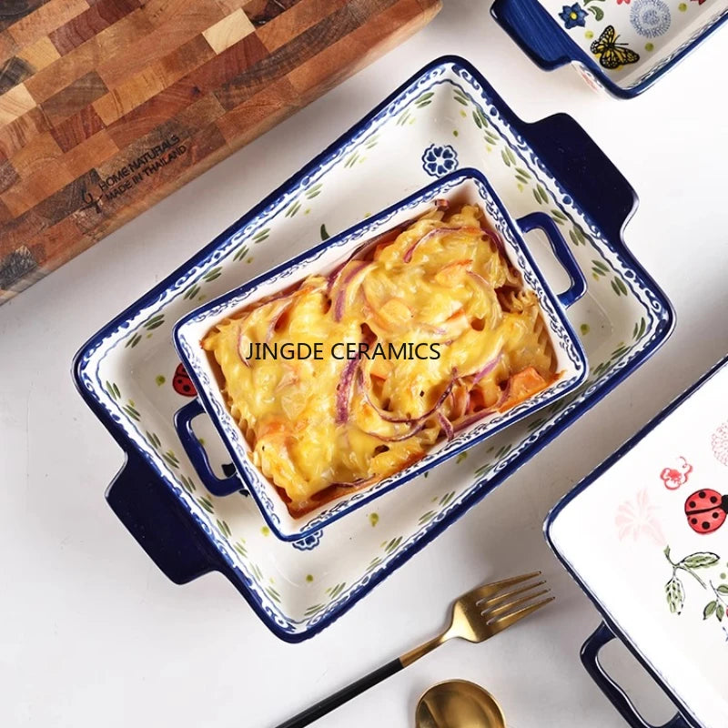 Rectangular/elliptical Double Ear Plate Cheese Baked Rice Tray Ceramic Baking Tray Oven Household Large Square Plate Tableware Good Vibrations