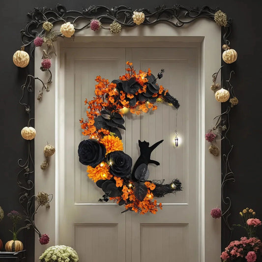 Halloween Door Hanging Decor Gothic Wreath Decoration Handmade Artificial Moon Cat Garland Durable for Indoor Outdoor Home Decor Good Vibrations
