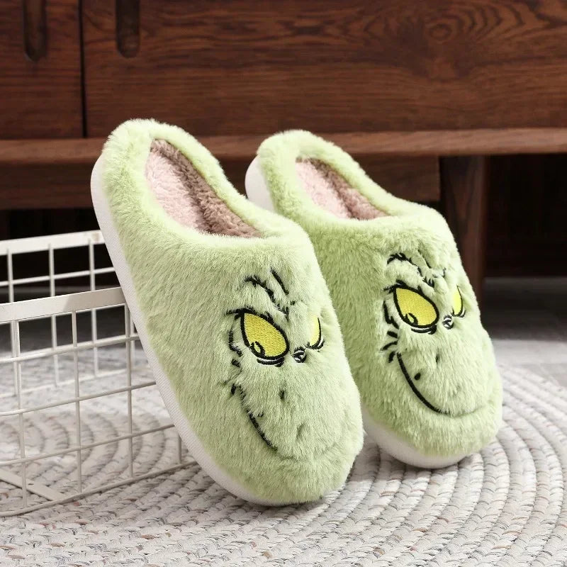 Christmas Plush Slippers Women Winter Warm Cute Home Green Haired Monster Slippers Funny Non Slip Cotten Shoes New Year Gift Good Vibrations
