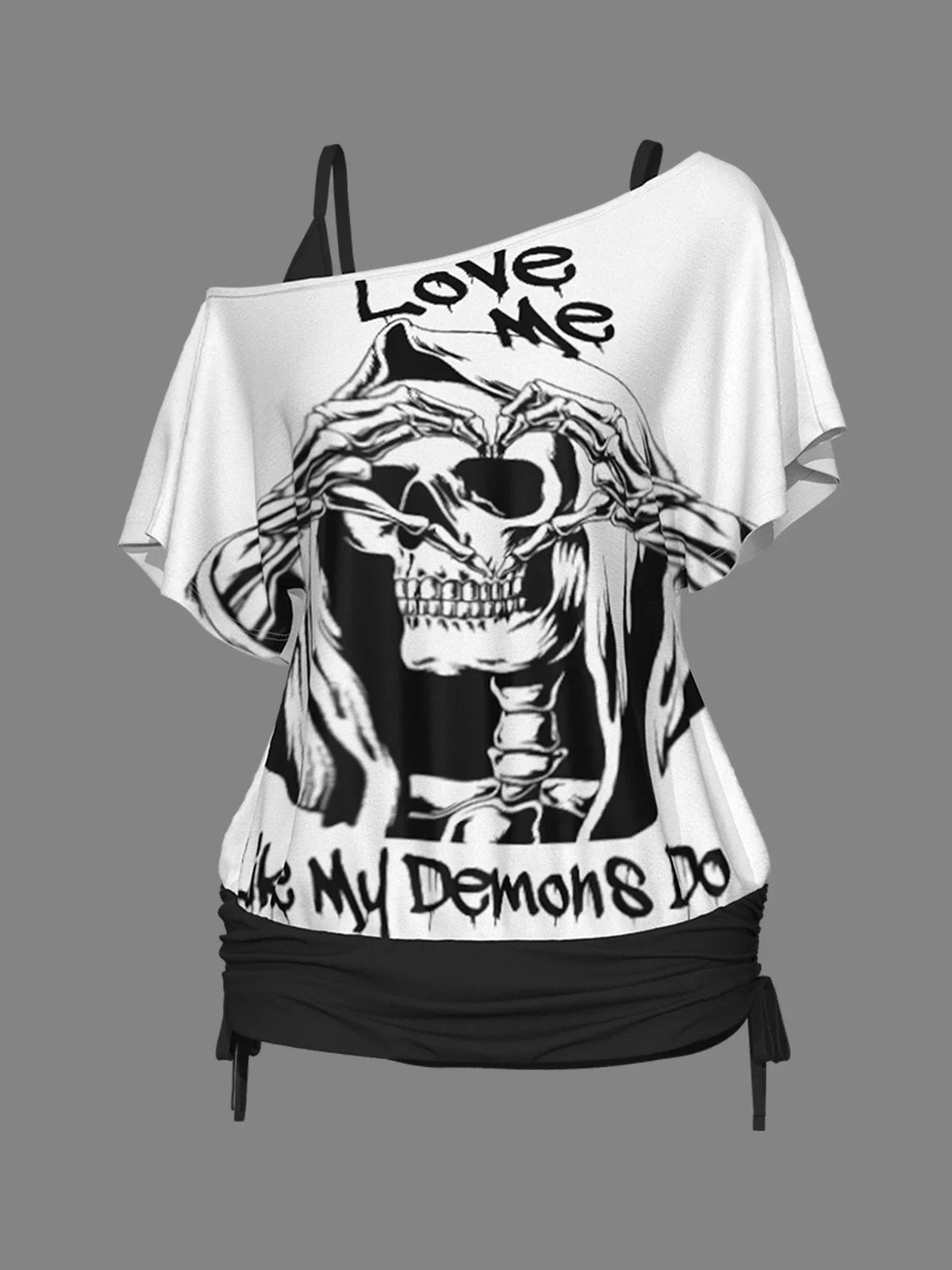 Women Plus Size Two Piece Suit Set Gothic Love Me Letter Skull Fashion One Shoulder Casual Print Set Top and Shorts Outfit 2025 Good Vibrations