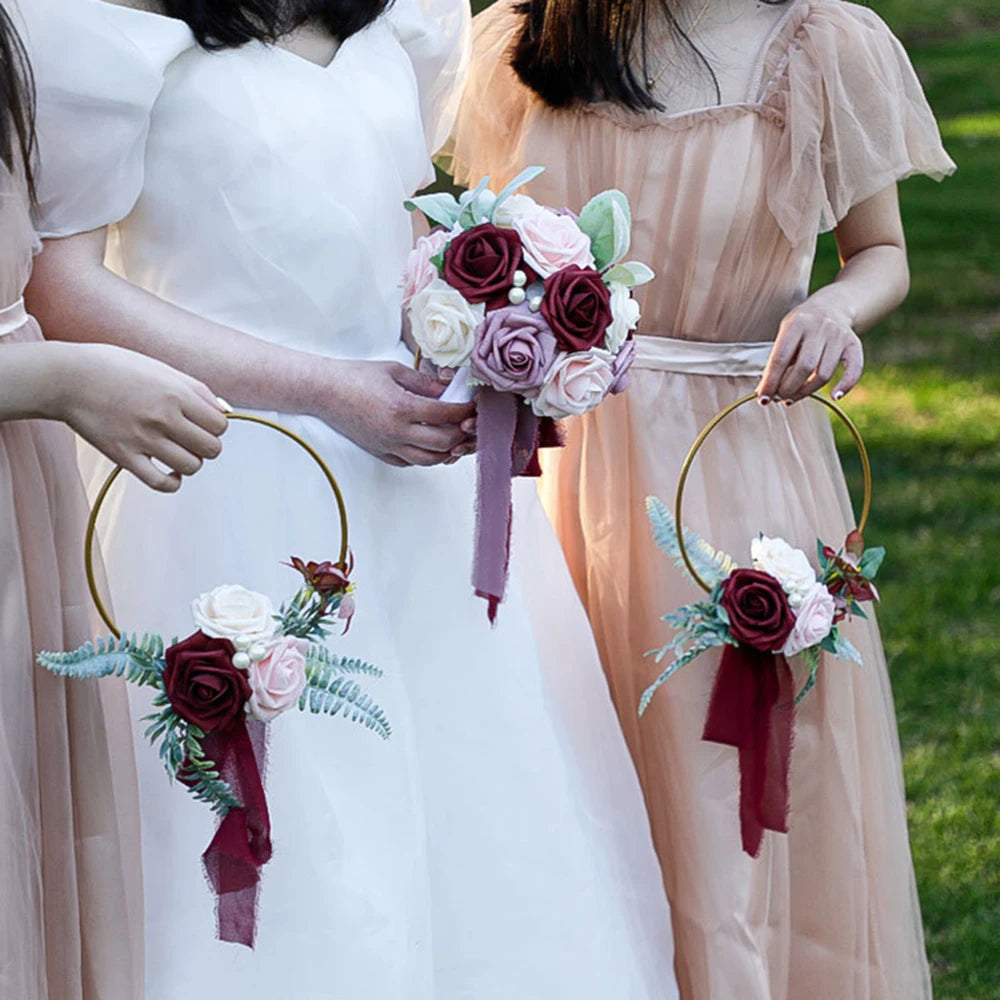 YeeNanee Wedding Gold Hoop Bouquet for Bridesmaids Floral Rose Eucalytpus Metal Ring Wreath Bridal Shower Ceremony Decoration Good Vibrations