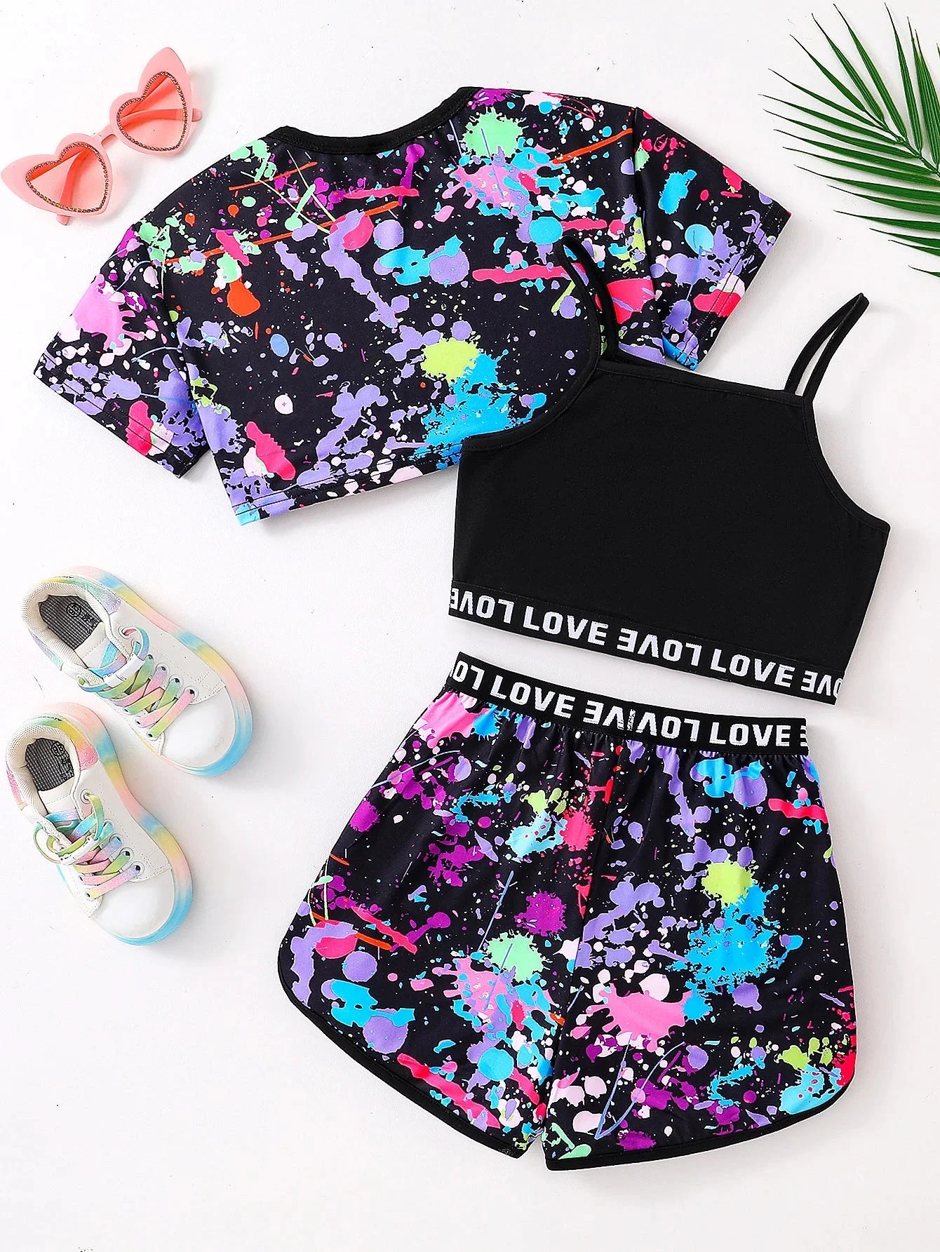 Summer fashion girls' three-piece set Fluorescent graffiti print casual loose slightly elastic comfortable suit Good Vibrations