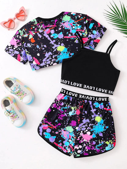 Summer fashion girls' three-piece set Fluorescent graffiti print casual loose slightly elastic comfortable suit Good Vibrations