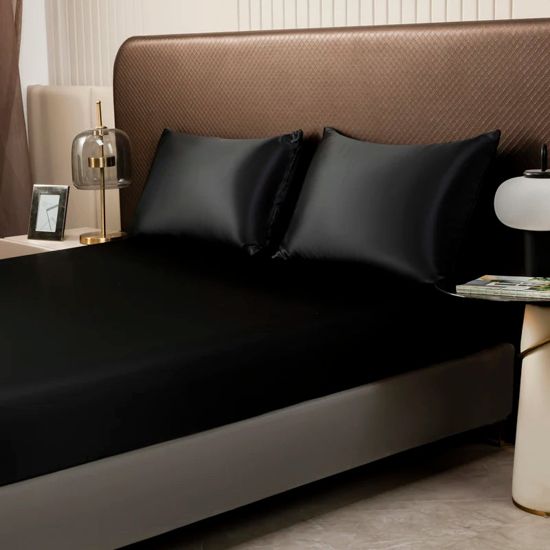 1Pc Satin Fitted Sheet Solid Colour Twin Full Queen Ice Silk Mattress Cover Natural With Elastic Band Bed Sheet (No Pillowcase) Good Vibrations