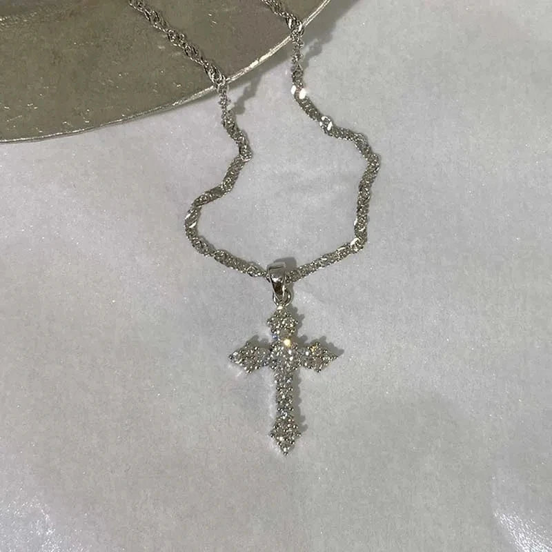 Shiny Crystal Zircon Cross Pendant Necklace for Women Girls Punk Silver Color Thin Chain Necklace Party Jewelry Birthday Gift Good Vibrations