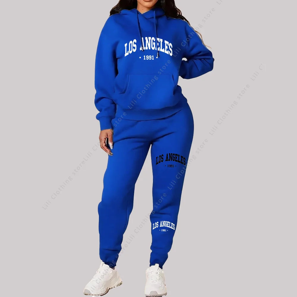 Women Sets Hoodies Pants 2 Piece Outfits Aesthetic Sportswear Sweatsuit Los Angeles Letter Print Suit Ladies Tracksuit Plus Size Good Vibrations